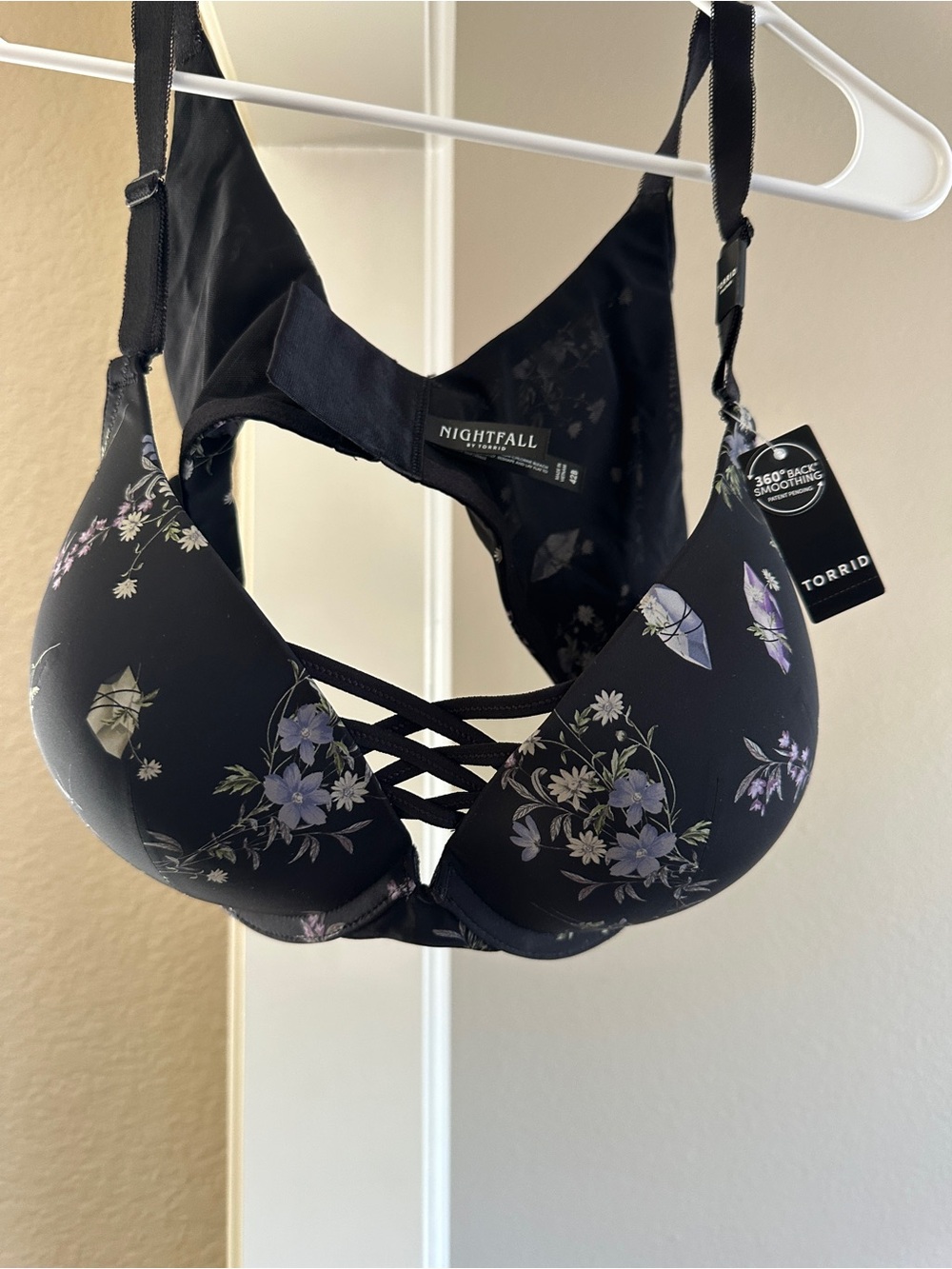 torrid Black Plunge Bra with Purple Floral Lace-Up Detail